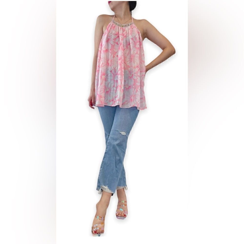 Victoria's Secret Pleated Slip Top Chemise pink Floral Print Rhinestone sz large